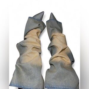 Two-Tone Denim Knee-High Boots